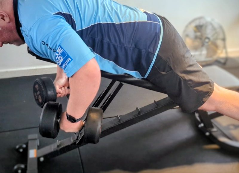 RWF Personal Training Client Paul learning some prone dumbbell row technique